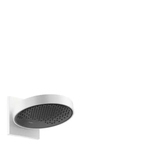 Wandmontierte Kopfbrause von Hansgrohe in mattem Weiß mit runder Form und perforierter Oberfläche zur Wasserabgabe. Minimalistisches Design, geeignet für moderne Badezimmer.